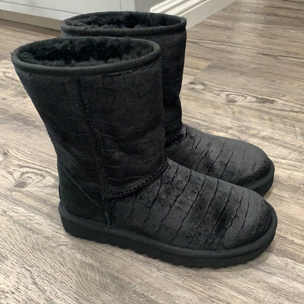 New UGG Black Classic Short Croc Velvet Boots